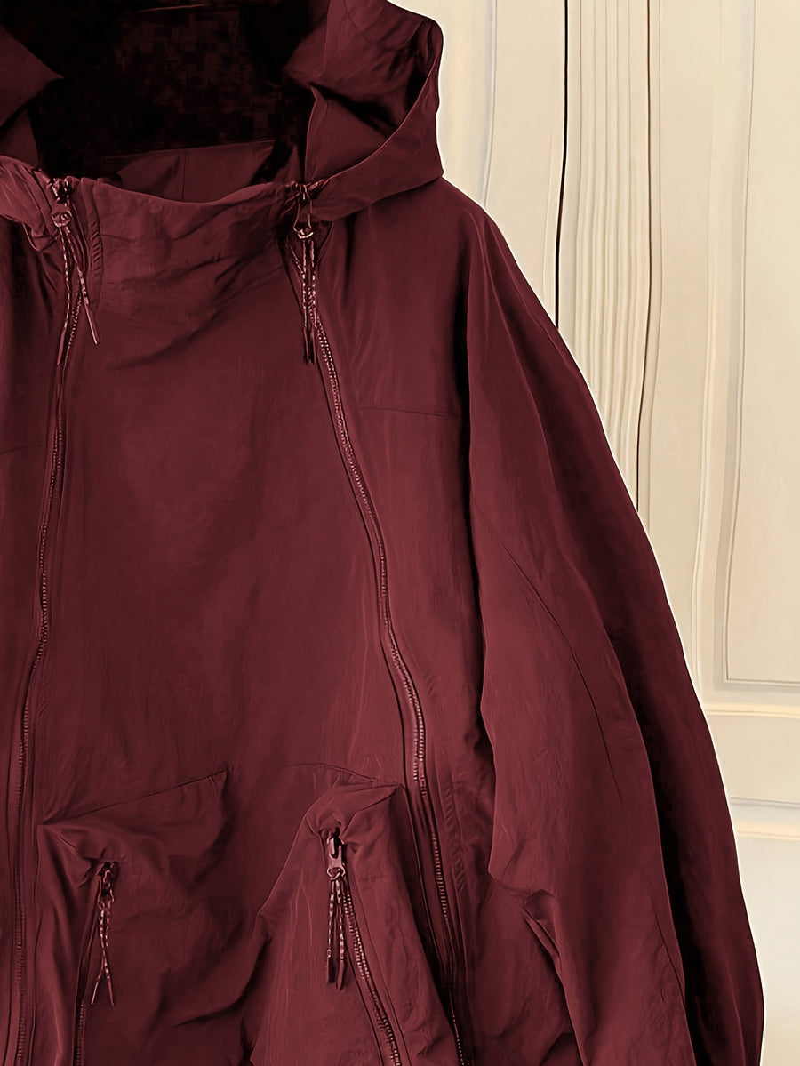 Women'S Cape-Style Hooded Coat, Long Sleeve, with Drawstring, Double Zipper Detail, And Pockets - Burgundy