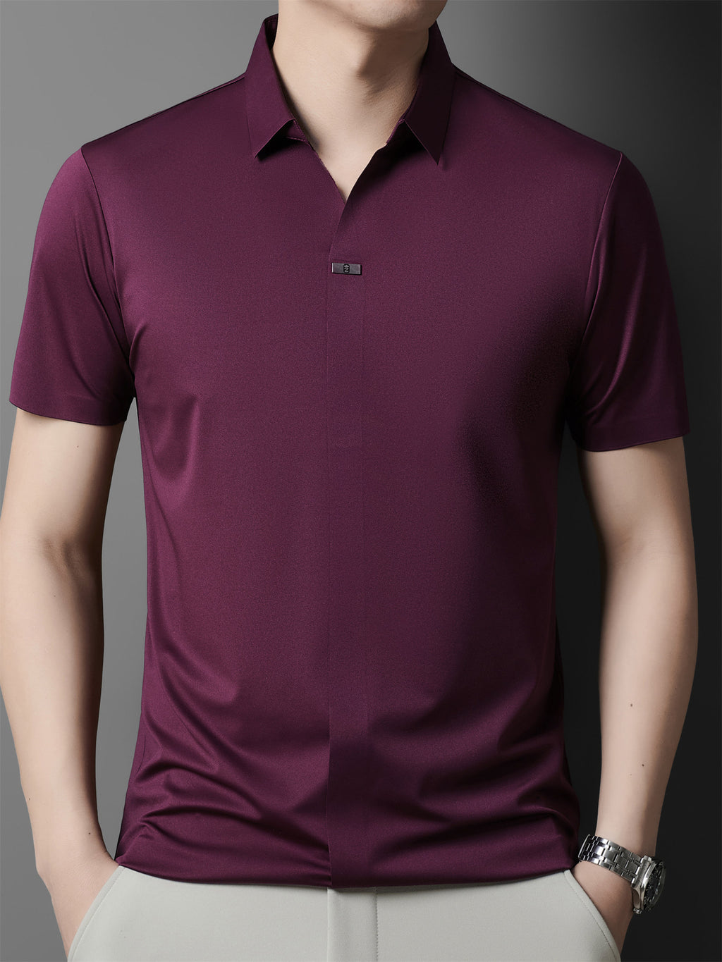 Summer New Men'S Short Sleeve Polo Shirt with Stand-Up Collar, Easy Business Casual High-End Breathable Half Sleeve T-Shirt Men'S Wear Cloud Ding Crown - Burgundy