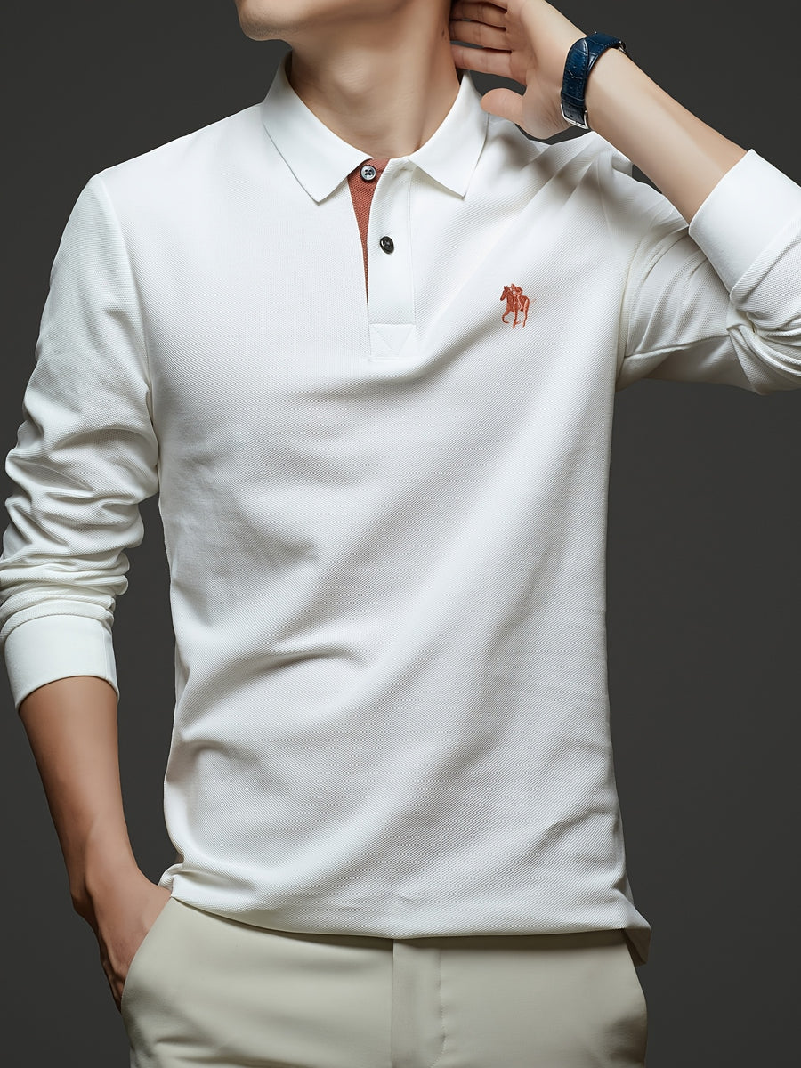 [Saa Xing OBM] 1pc Spring/Autumn New Men'S Polo Shirt, Solid Color Embroidered Half-Button Placket Single-Button Polo Collar Long Sleeve Men'S Fashion Versatile Pullover Base Layer Top, Classic Design, Suitable for Spring, Autumn, Wear - White