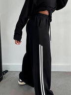 Halloween Autumn/Winter 2027NEW Women's Drawstring Waist Pocket Patchwork Casual Sweatpants, Ladies' Spring Autumn Casual Drawstring, Pockets, Side Stripe Natural Straight Leg Long Loose Pants, Casual Daily Wear, Back to - Black