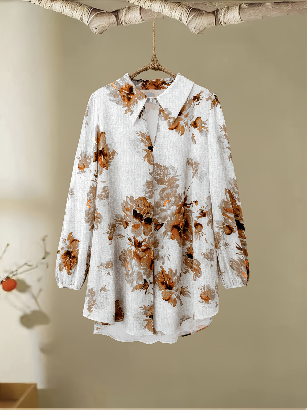 Spring/Autumn Women'S Fashion Casual Floral Print Shirt And Long Pants Set - Brick Red