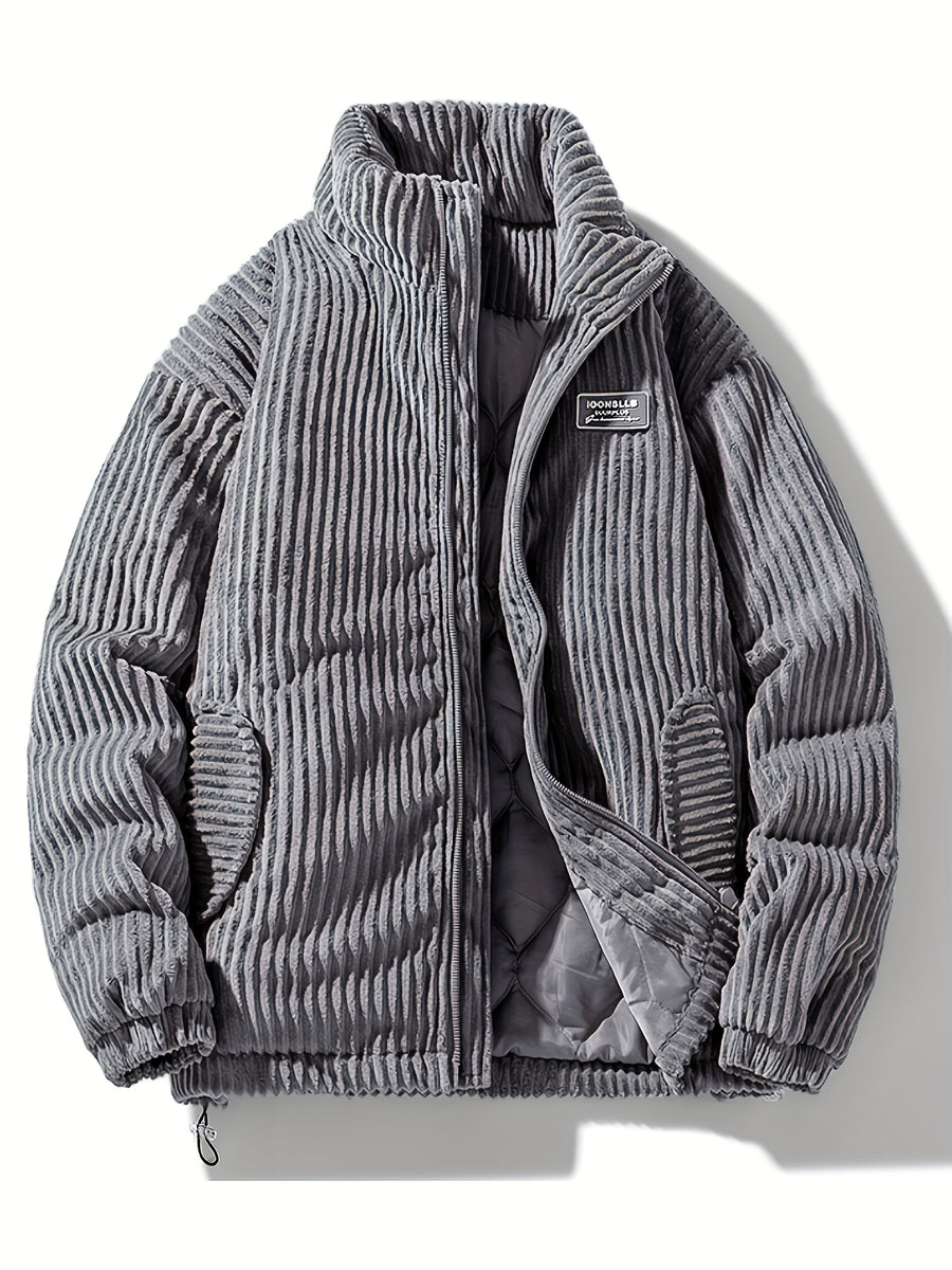 Men's Winter Corduroy Padded Coat with Thickened Lining, Faux, and Striped Design - Dark Gray