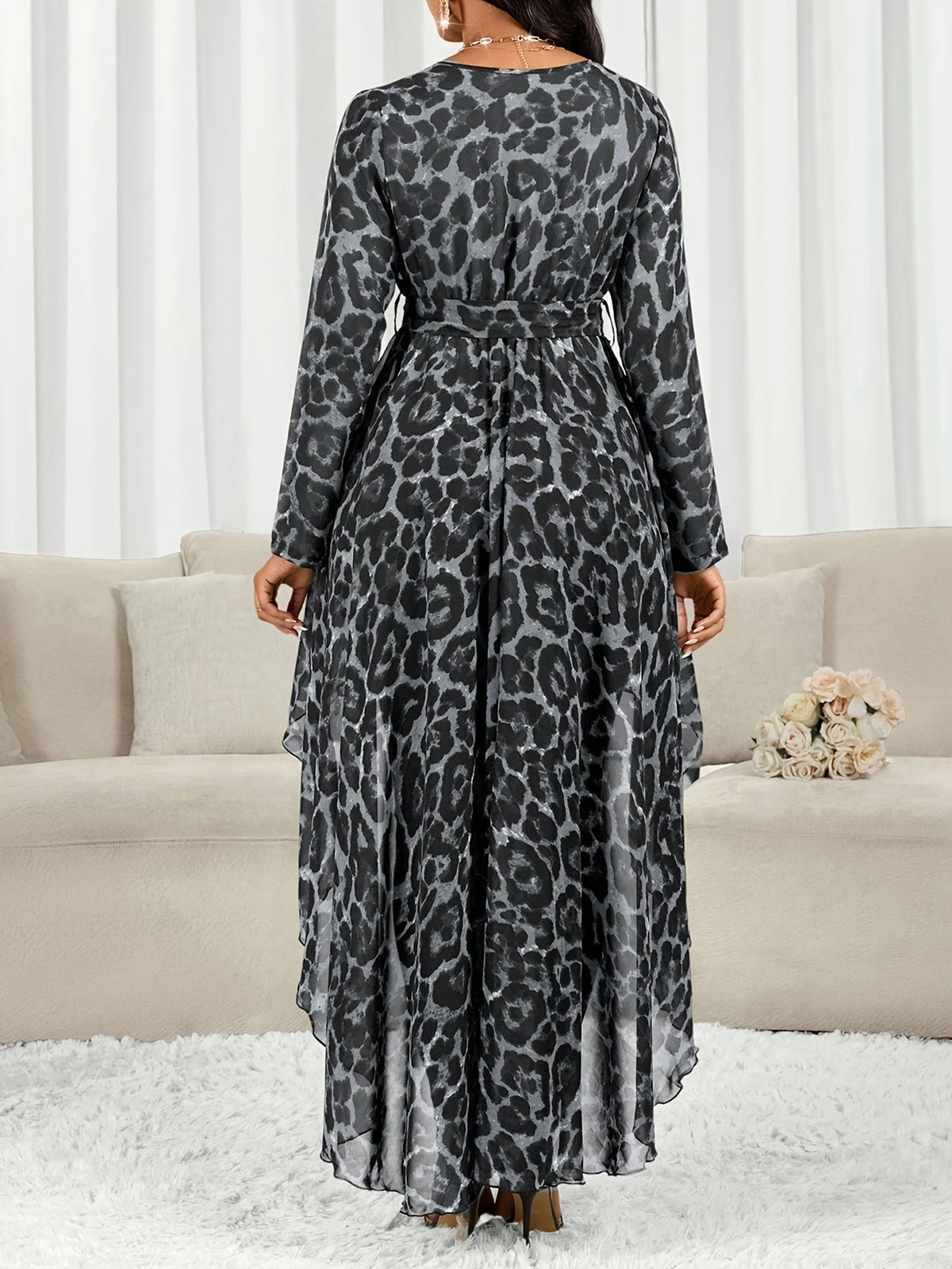 YY1029275 Women'S Long Top with Leopard Print, V-Neck, Shorter in The Front And Longer in The Back. A Versatile Long Shirt with a Tie - Grey