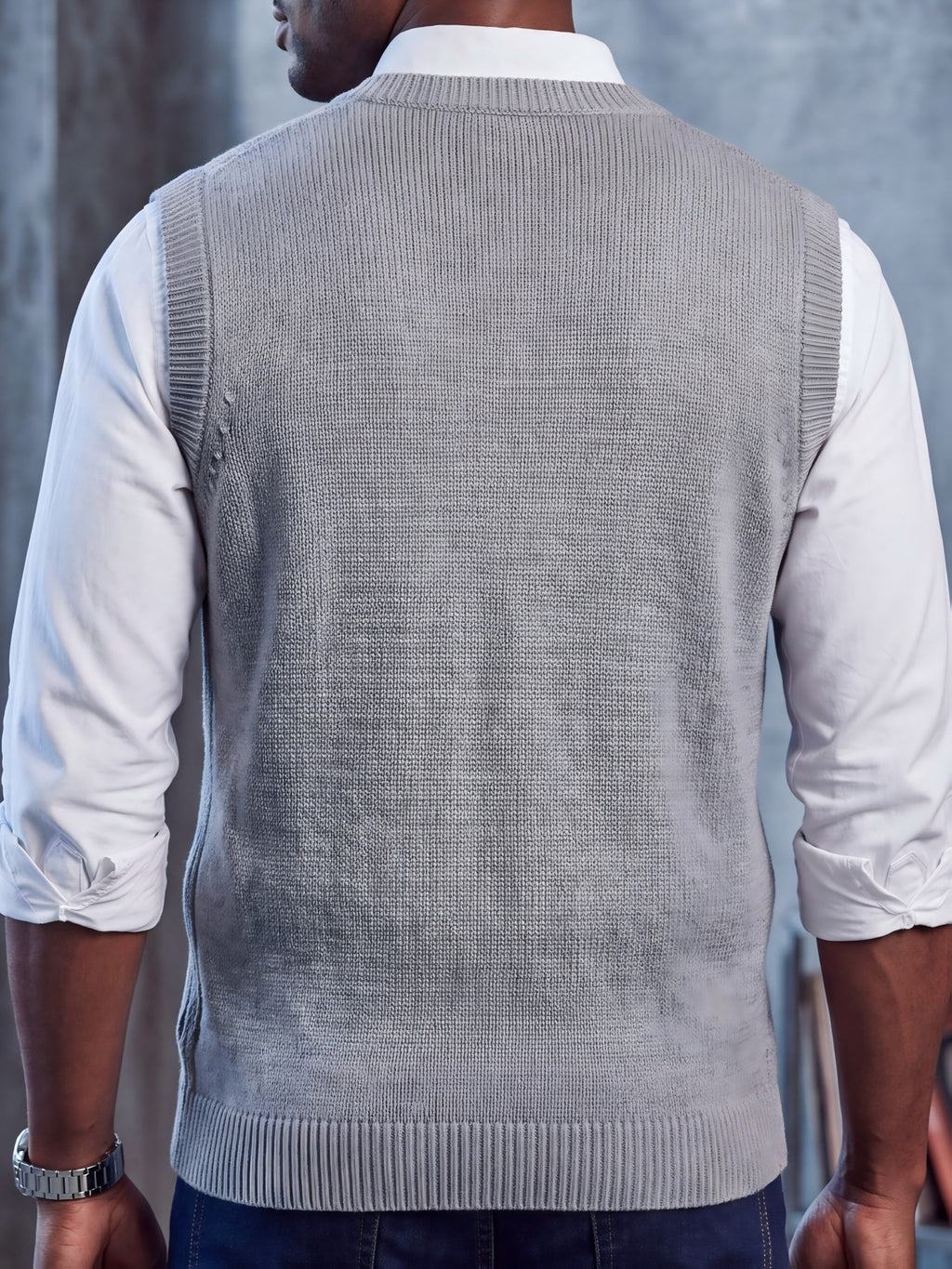 Western Men'S Back-To-School American Preppy Style Jacquard Embroidered V-Neck Knit Vest, Campus Commute Layering for Spring/Autumn - Grey