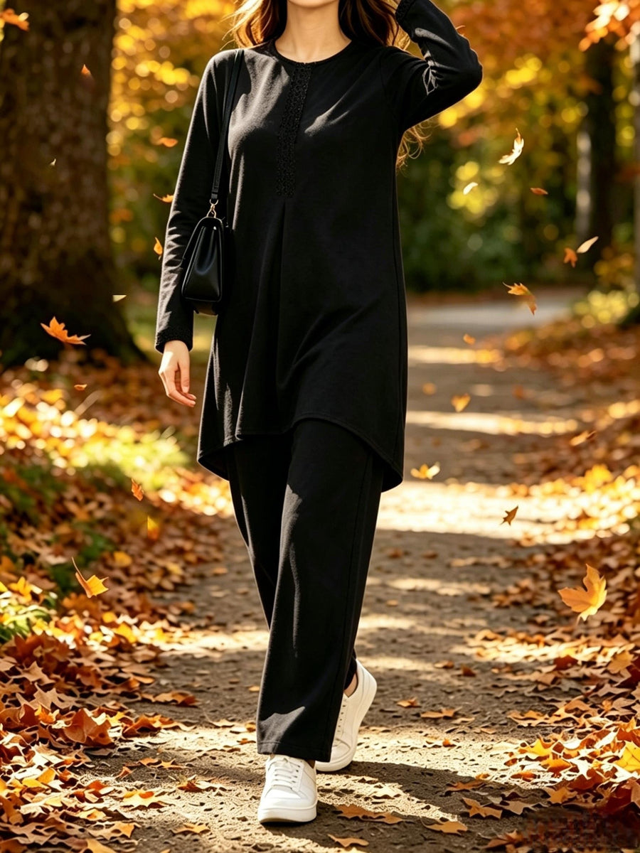 Ramadan Elegant Ladies Set Abaya Dress And Pants Solid Color Round Neck Embroidered Chest And Sleeve Applique Top Elastic Waist Long Pants Commute Casual Two-Piece Set - Black