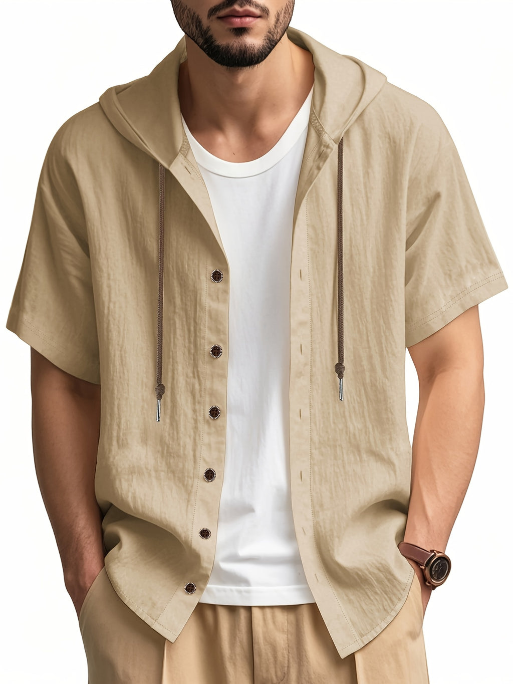 Men's 2pcs Short-Sleeve Hoodie Shirt, Regular Fit, Lightweight Open Cardigan, Vacation Casual Top - Light Grey+Khaki