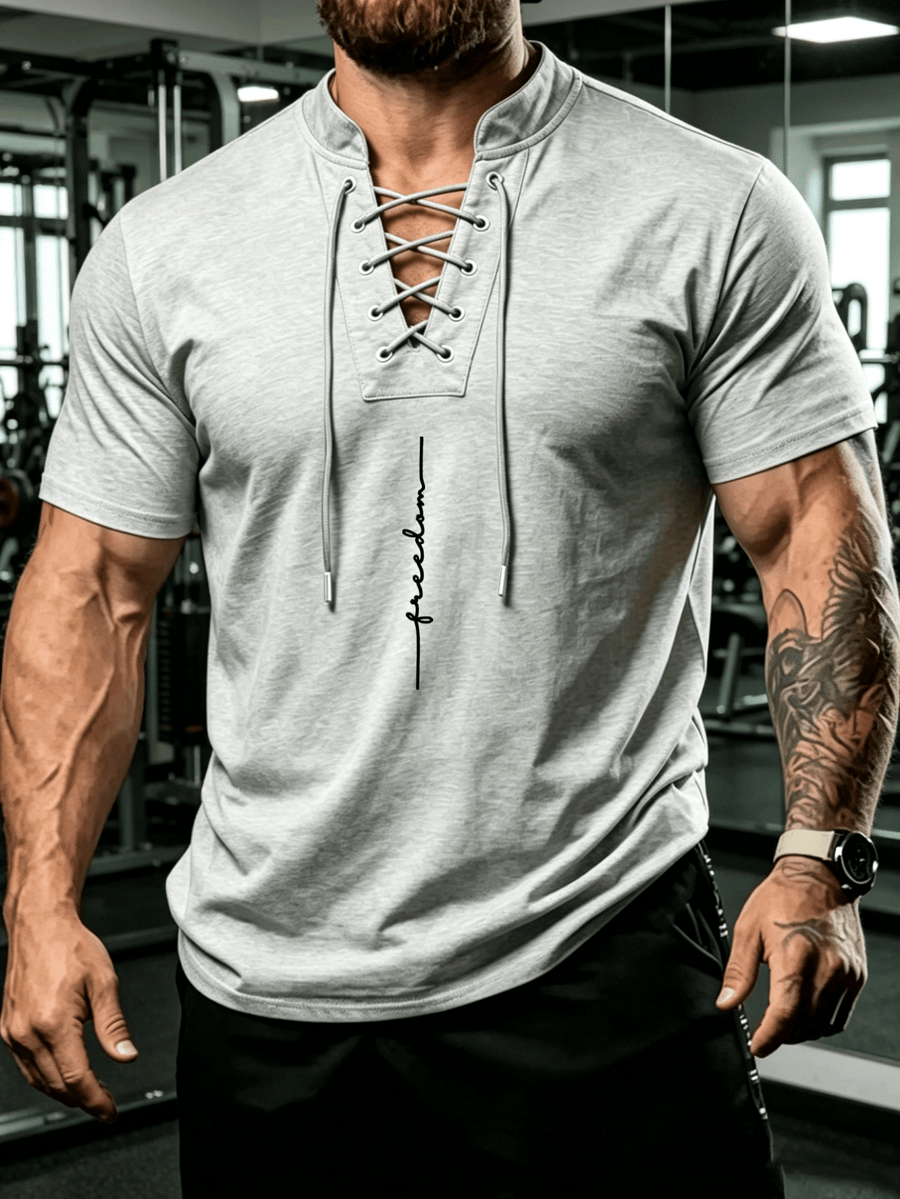 Summer Men'S Fashion Lace-Up Henley Short Sleeve Print T-Shirt, Mandarin Collar Top, Fitness Workout Training Short Sleeve - Light Grey
