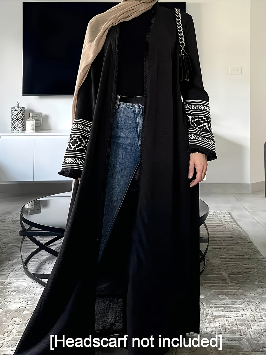Black Long Cardigan for Women with Ethnic-Style Embroidered Cuffs, Perfect for a Casual And Relaxed Look, Suitable for Commuting, Shopping, Or Vacationing. Ideal for Eid Al-Fitr, Eid Al-Adha, Ramadan, And Other Festive Occasions - Black