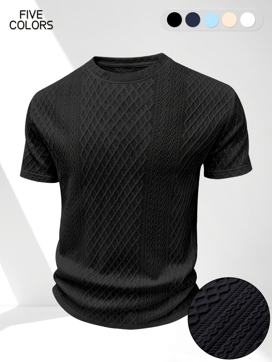 Men'S Summer Casual Premium Textured Solid Round Neck Short Sleeve, Comfortable Breathable Textured Fabric T-Shirt, Suitable for Outdoor Vacation And Daily Wear - Black