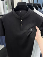 [Slight Stretch | Size up for Loose Fit] New Spring/Summer Men's Henry Shirt, Solid Color Half-Open Placket Single-Breasted Stand Collar Short Sleeve T-Shirt, Men's Business Casual Fashionable Breathable Versatile Polo Shirt, Chest Print Basic Tee - Black