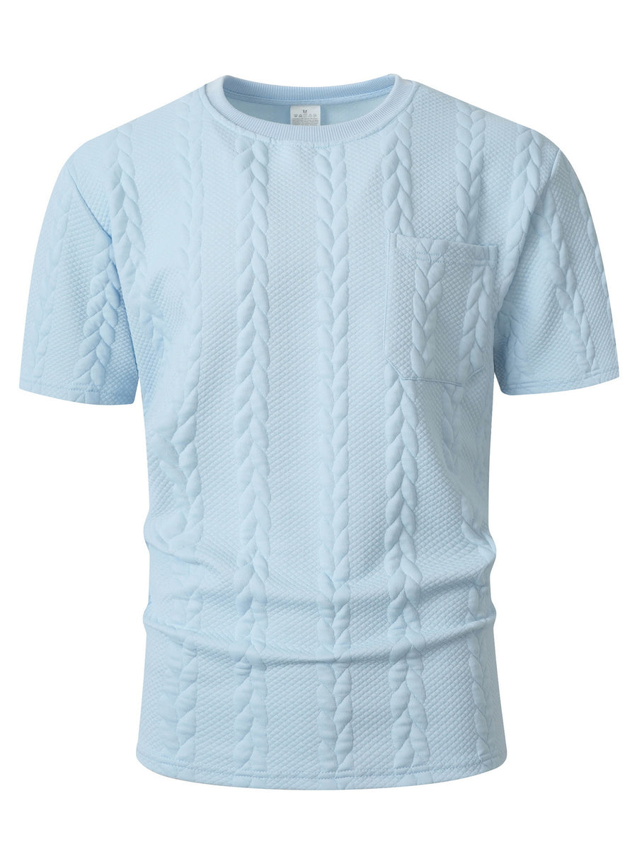 KJ-T037 Men'S Round Neck Jacquard Textured Tactile Pocket Short Sleeve Top T-Shirt Casual Men'S T-Shirt - Light Blue