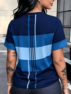 Women'S Summer Fashion Round Neck T-Shirt with Textured Geometric Short Sleeves, Color Block, Line Pattern, Vintage Style Casual Top - Multicolor Two