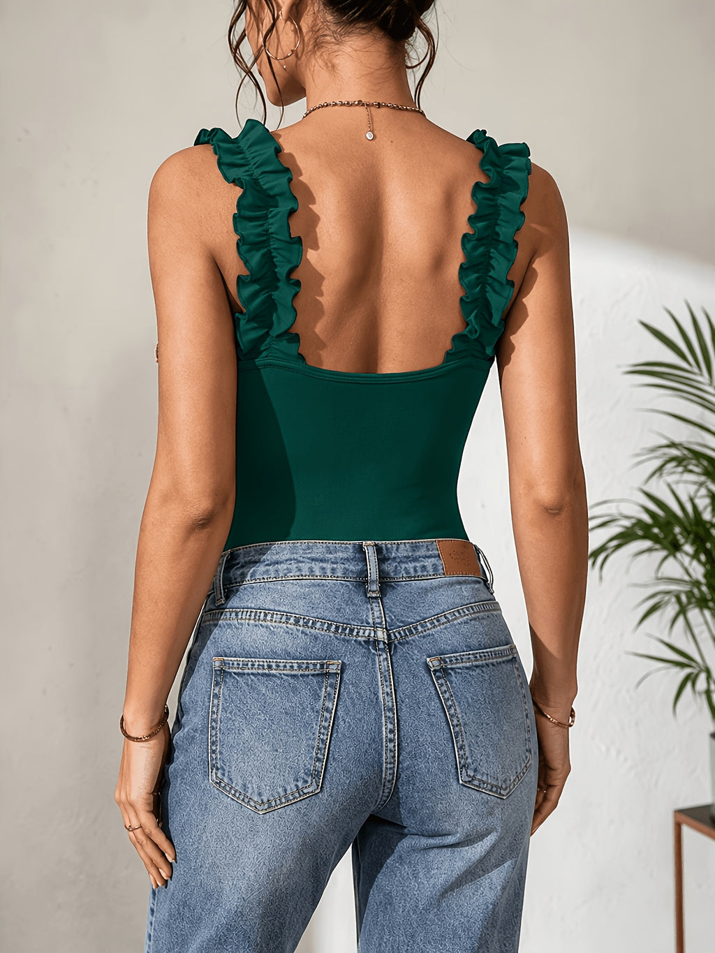 Solid Color Pleated Thin Strap Bodysuit - Dark Green