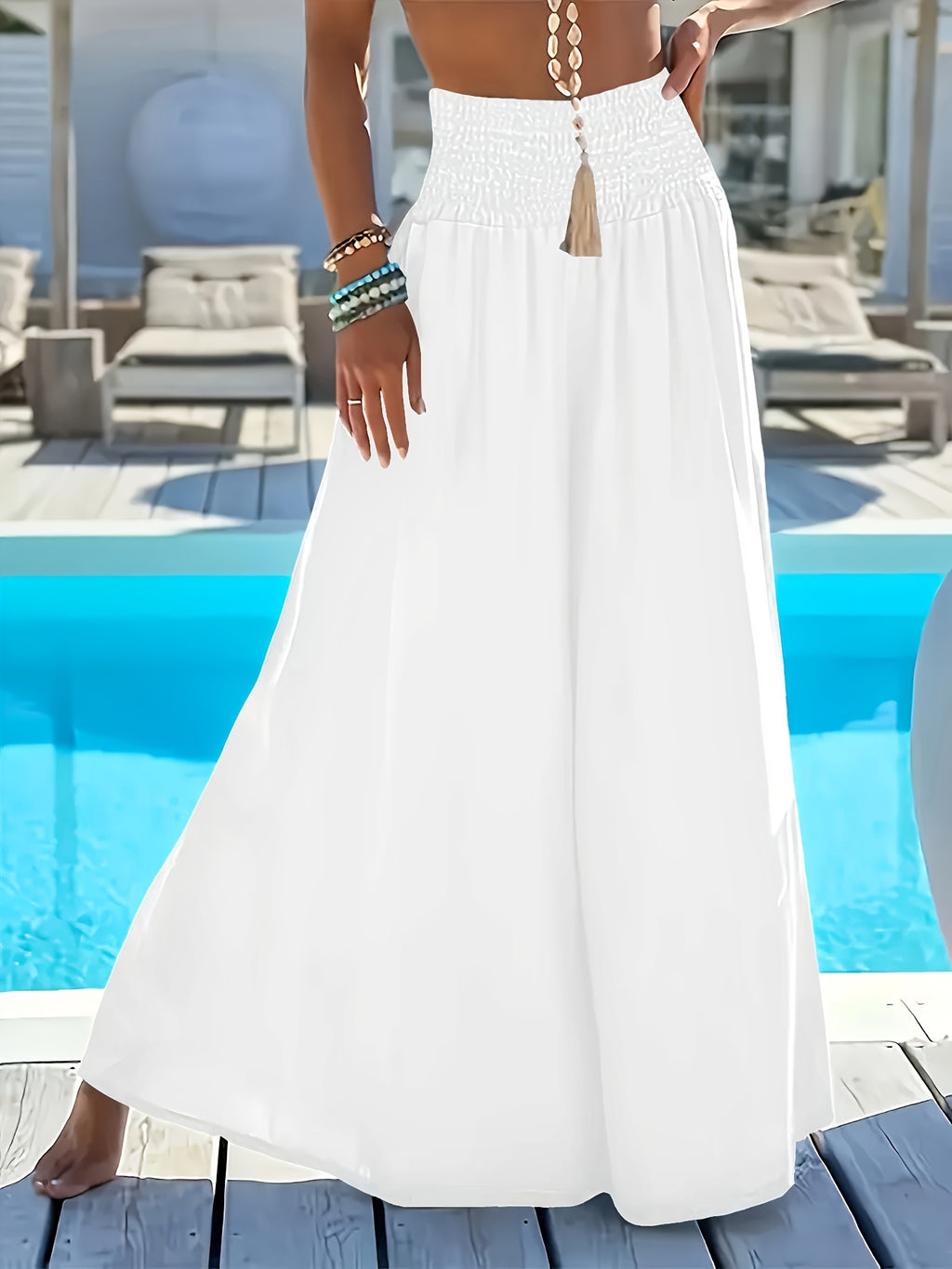Directional Style And Women'S Elegant Bottoms Loose Olivia Mark - Wide Leg Flare Pants, Elegant Vacation All-Match Style, Elastic Waist - White