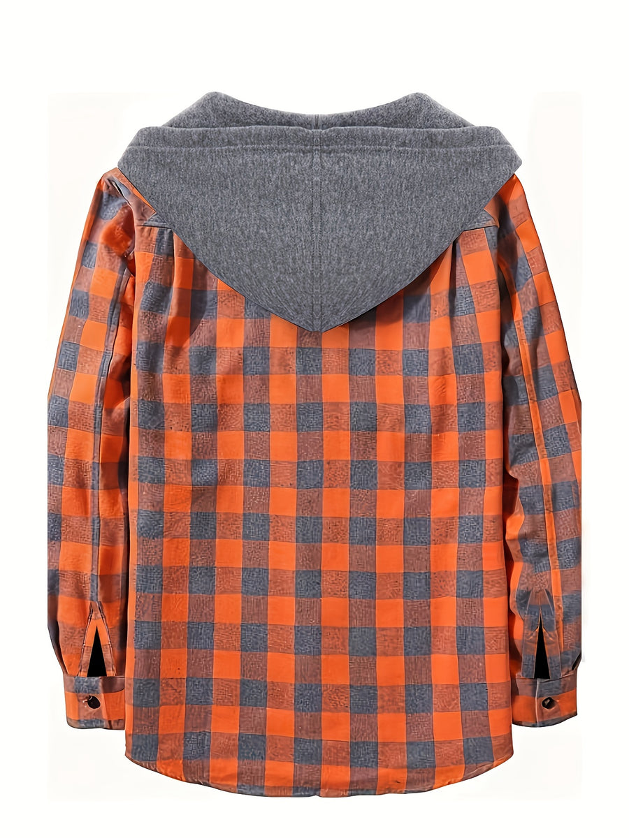 3pcs Men's New York Fashion Trendy Plaid Shirt Hooded Plaid Sweatshirt Flannel Hoodie - Orange+red+grey