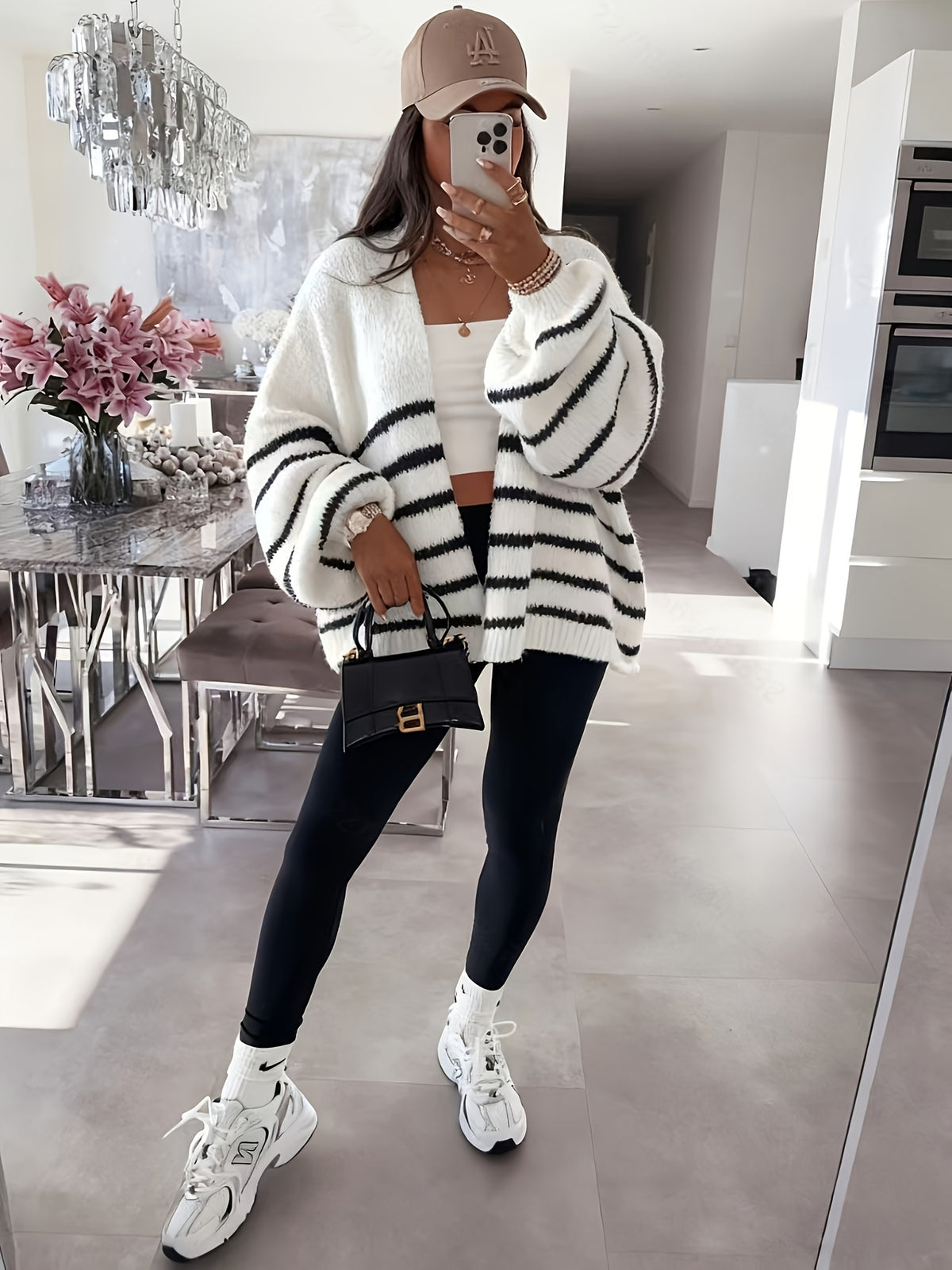 Autumn Winter Loose Lazy Style Soft Muted Contrast Black White Striped Casual Women'S Cardigan Coat - White