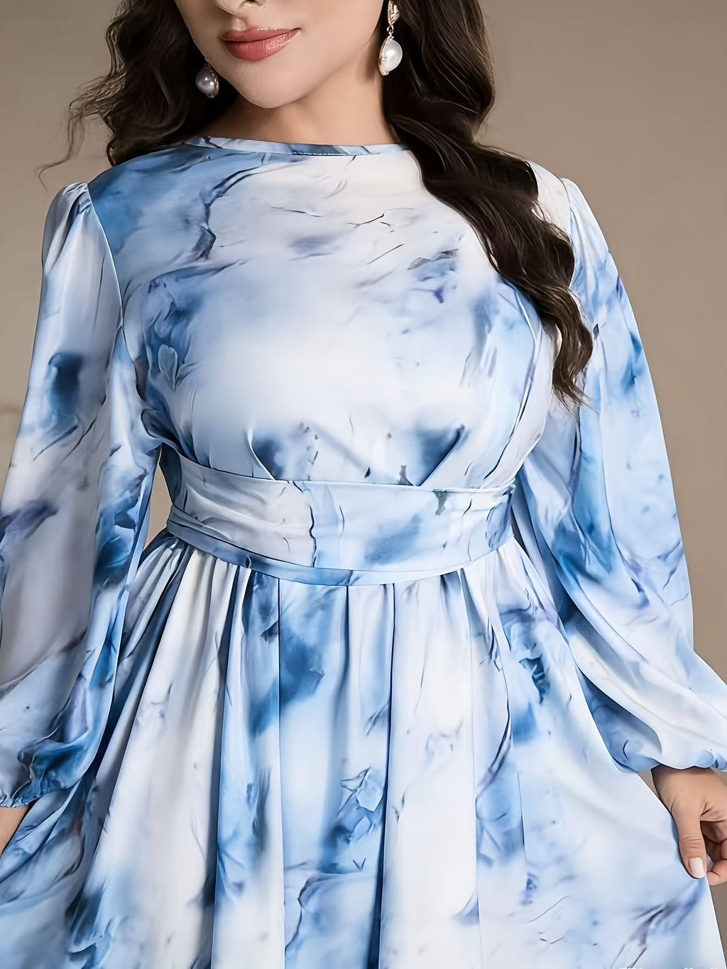 Plus Size, 2025 New Four Seasons Elegant Crinkle Floral Print Loose Fit Plus Size Dress - Vibrant Blue