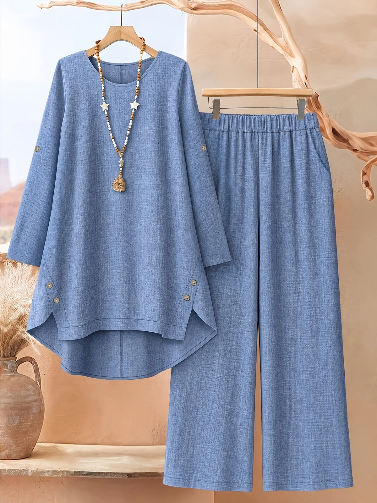Women'S Fashion Solid Irregular Hem Design Top And Casual Wide-Leg Pants 2pcs Set, Daily Elegant - Blue