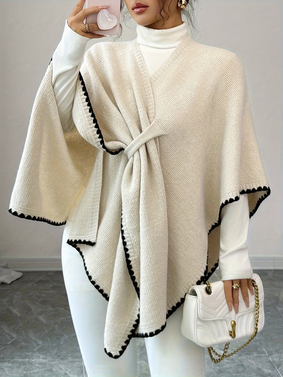 Women's Autumn/Winter French-Style Elegant and Gentle Casual Everyday Versatile Simple High-Quality Texture Solid Color Cross V-Neck Niche Design Loose Batwing Sleeve Pullover Cape Top - Apricot