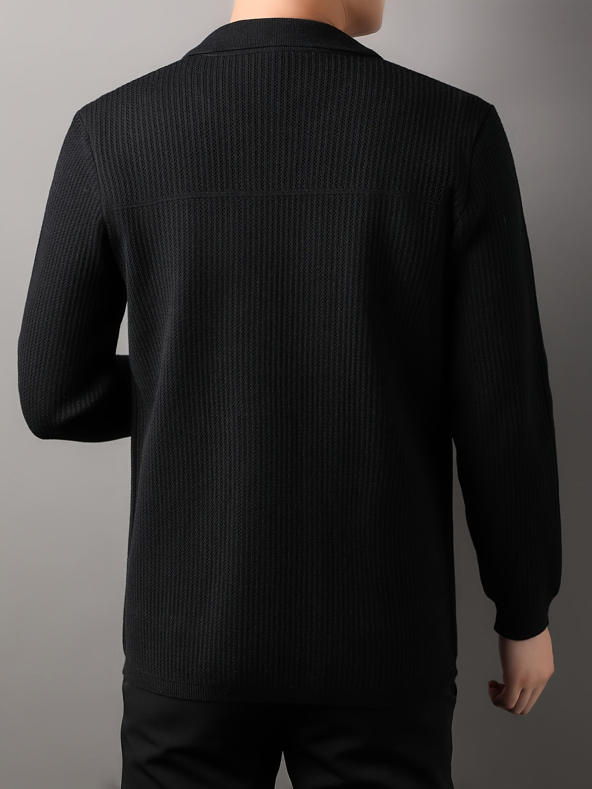 Men's Air-Layer Jacquard Cardigan -Front Lapel - Warm Winter Outerwear Suitable for Fall/Winter, Casual -Front Door Collar, Hand Washable Solid Color Blazer - Black