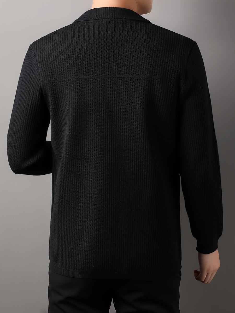 Men's Air-Layer Jacquard Cardigan -Front Lapel - Warm Winter Outerwear Suitable for Fall/Winter, Casual -Front Door Collar, Hand Washable Solid Color Blazer - Black