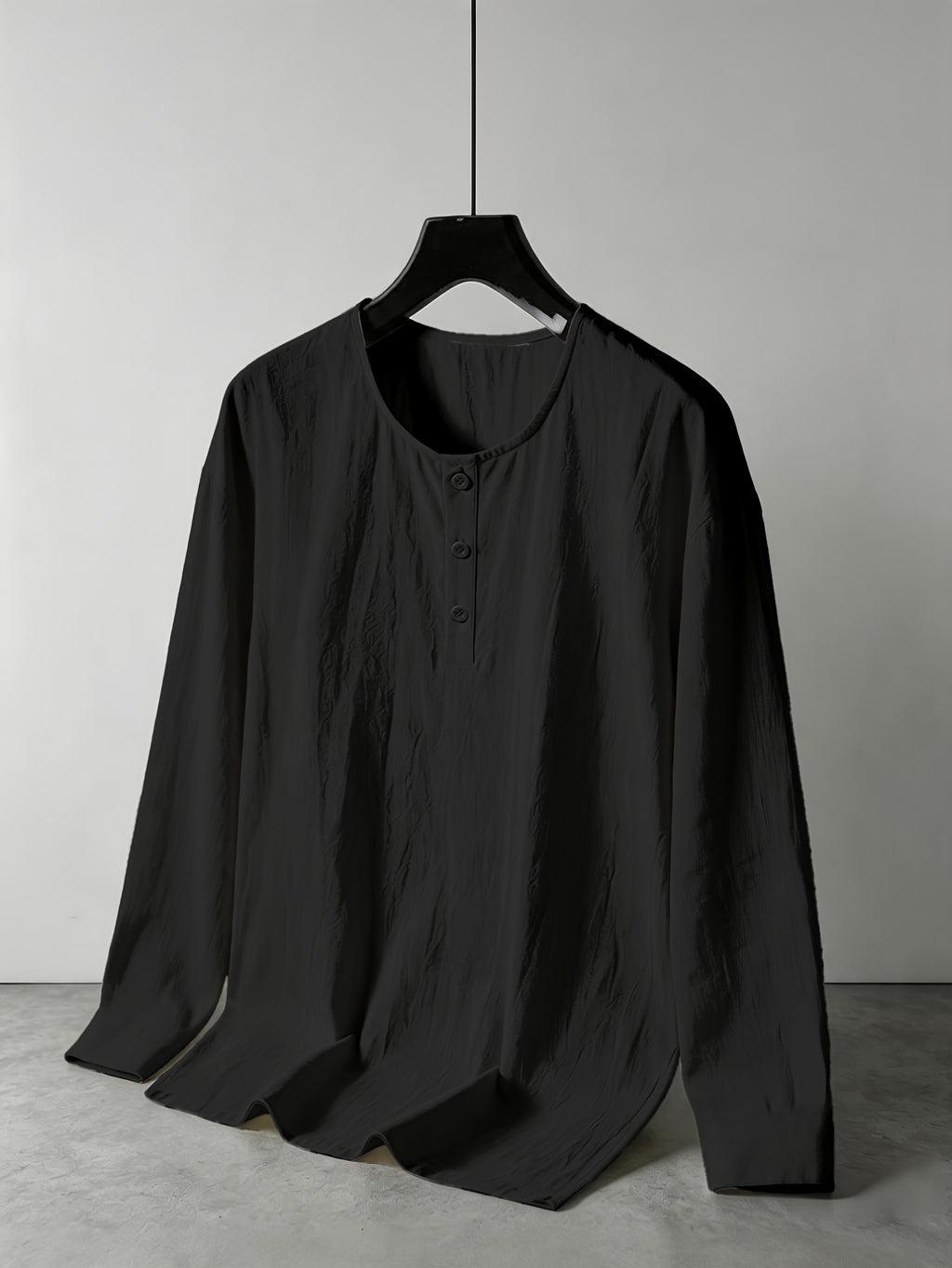 Men's Linen Henley Collar Long Sleeve Loose Fit Casual Vacation Top - Black