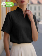 Elegant and Summer New Style Fashionable 100% V-Neck Back Zipper Short Sleeve Everyday Versatile T-Shirt Top ASD1 for Women of Distinguished Temperament - Black