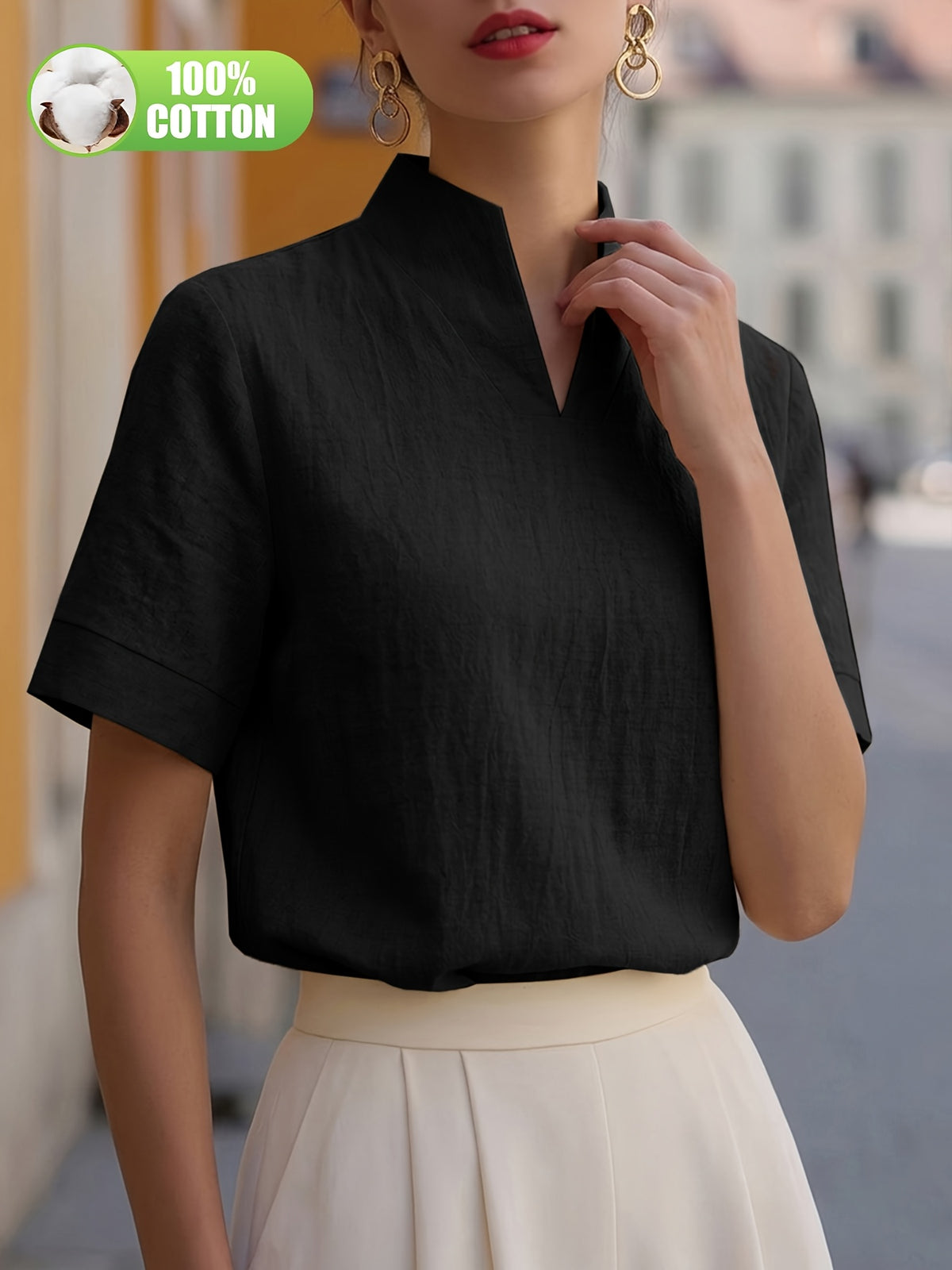 Elegant and Summer New Style Fashionable 100% V-Neck Back Zipper Short Sleeve Everyday Versatile T-Shirt Top ASD1 for Women of Distinguished Temperament - Black