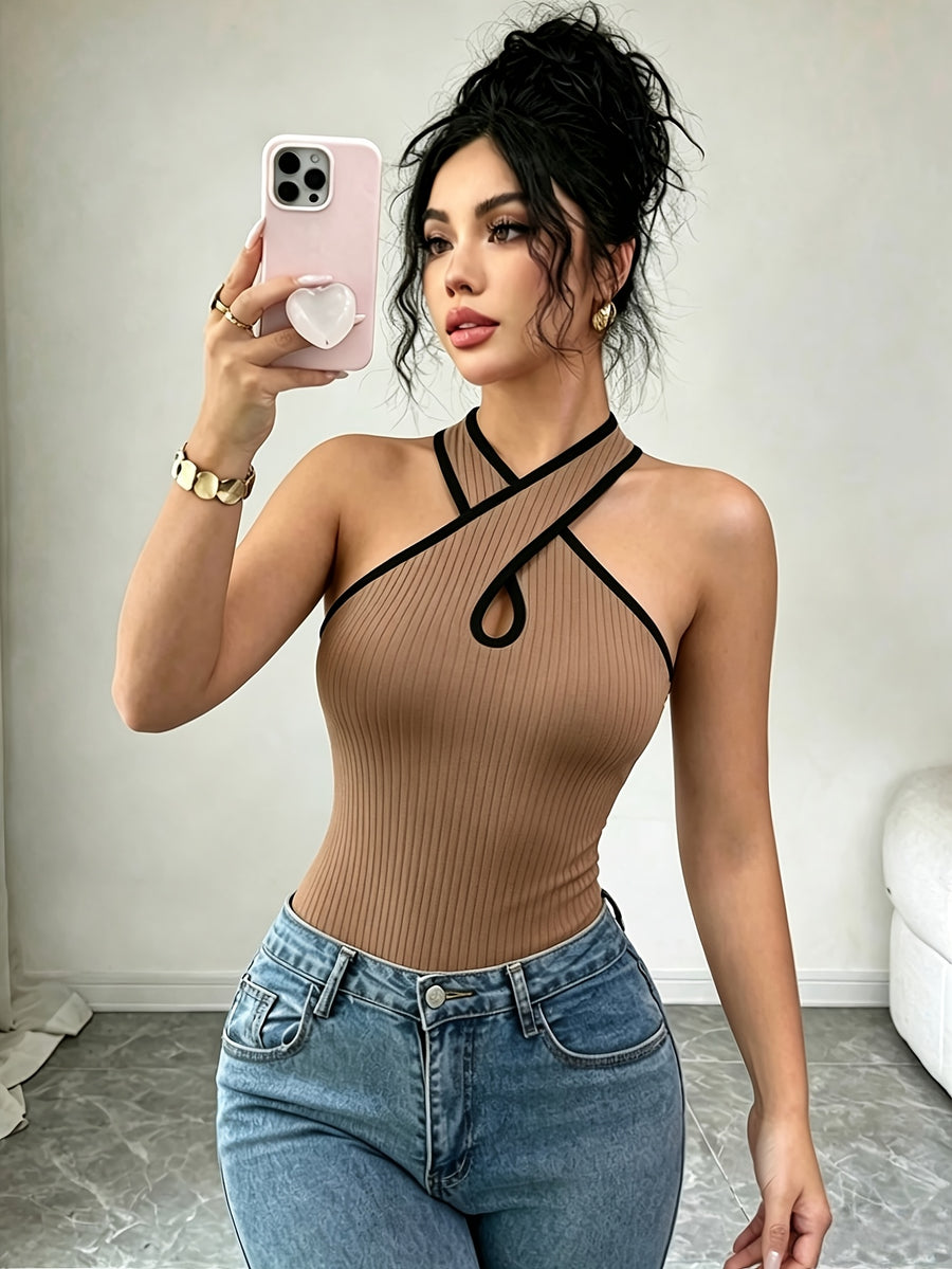 Women's Sexy Hot Style Bodysuit, Criss-Cross Halter Neck Cut-Out Slim Fit Jumpsuit, Suitable for Spring/Summer Dates and Parties - Brown