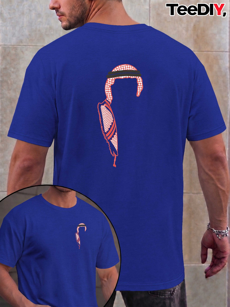 Arabia Traditional Arabic Turban Men's Spring Summer Printed Short Sleeve Top, Relaxed Fit, Breathable Moisture Wicking Summer Heat Transfer T-Shirt - Blue