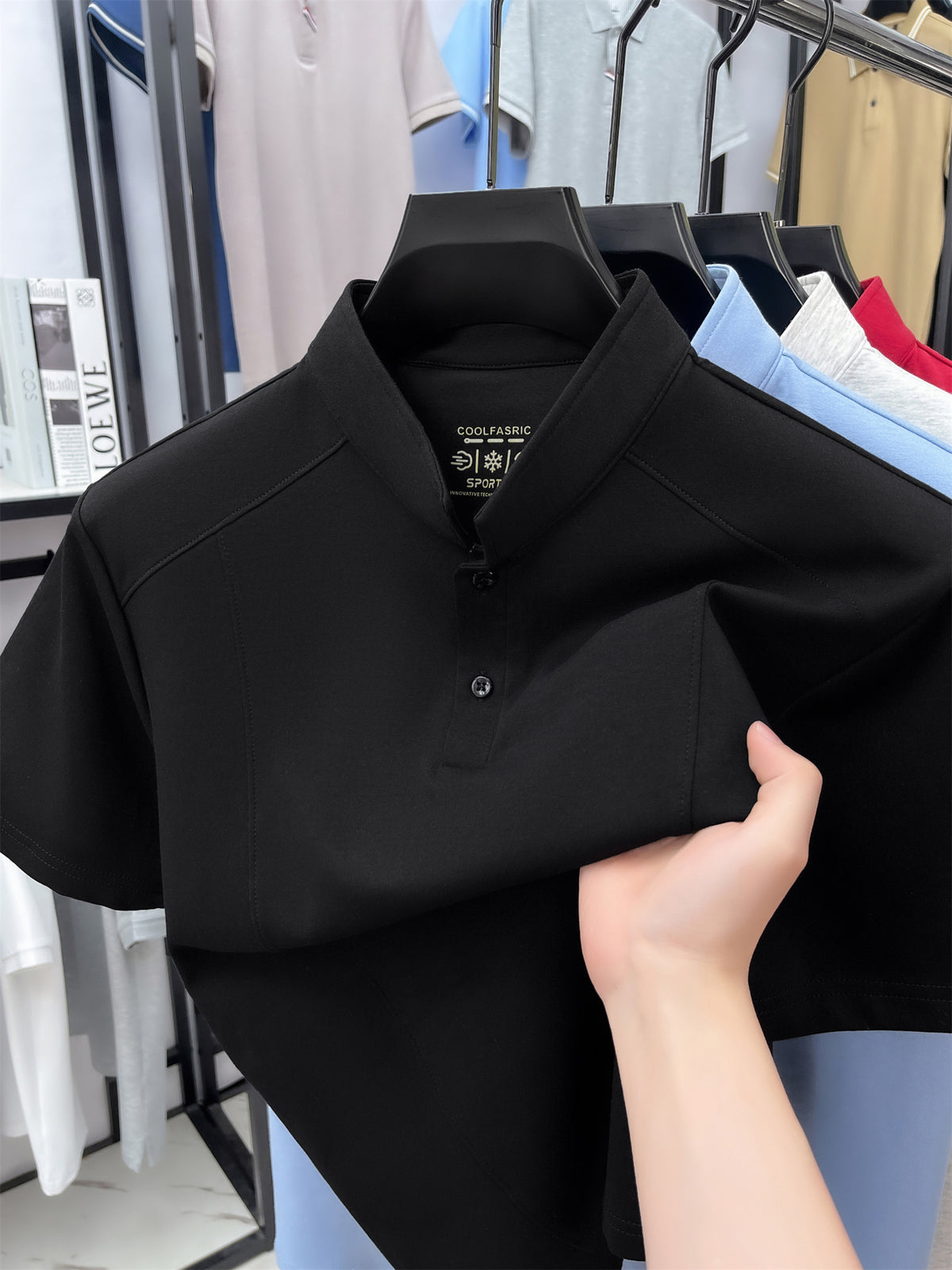 Men'S Stand-Up Collar Short-Sleeved T-Shirt, Men'S Retro High-End Summer New Shoulder-Padded Slimming Half-Sleeve Polo Shirt, Men'S Yao Can - Black