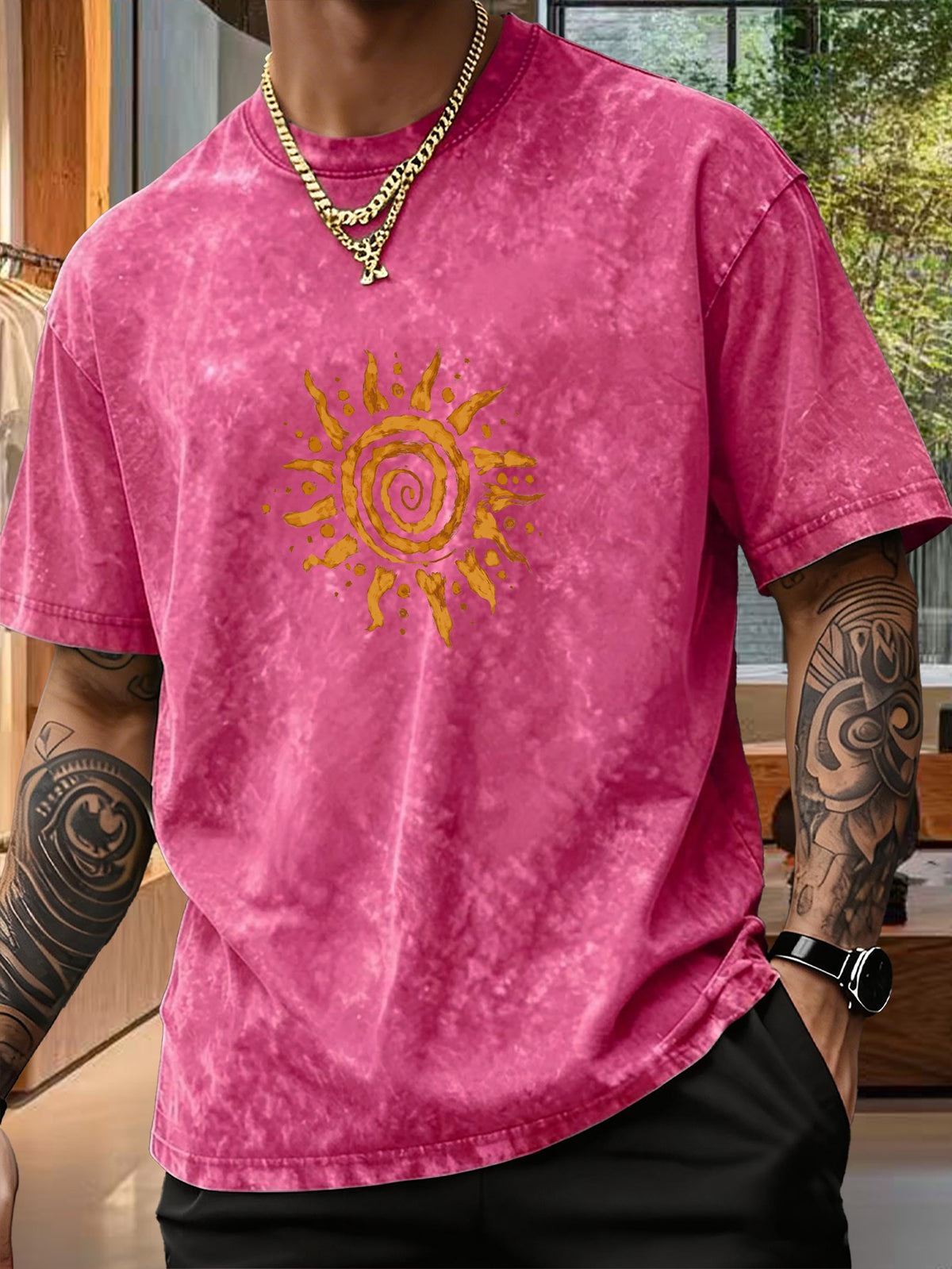Men's Short-Sleeve T-Shirt, Pure Loose Fit Top, Trendy Reversible Double-Sided Swirl Sun Print, 12 Colors for  Mix & Match, Washed Distressed American Street Style, Versatile for Daily Outings, Streetwear, Sports, Fitness, and Commuting - Rose Red