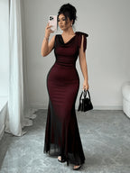 Women'S Summer New Fashion Elegant Mesh Drop-Neck Backless Asymmetrical Bow Waist-Cinching Long Dress, Suitable for Outdoor Dates, Parties, Sister Gatherings, Music Festivals, Casual Vacations, And Daily Wear - Red