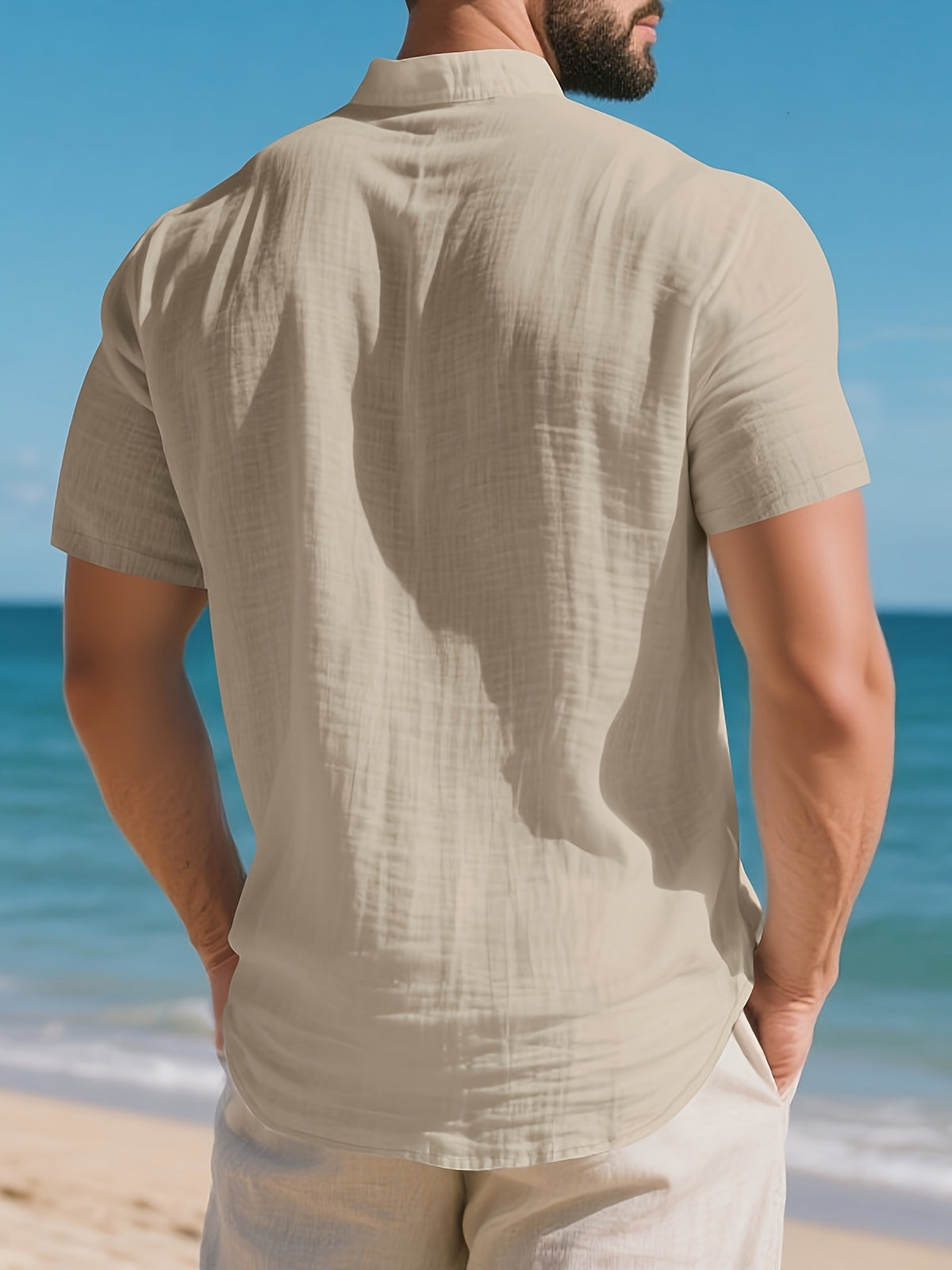 Men'S Pure Henley Shirt Spring And Summer Casual Breathable Sweat-Absorbent Linen Texture Short-Sleeved Half Placket Pocket Easy Solid Color Small Stand-Up Collar POLO Shirt, Sweat-Resistant - Khaki