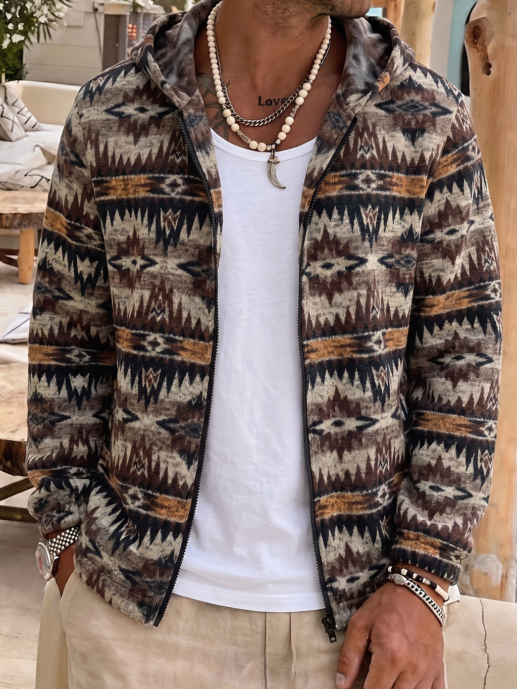 Men'S New American Ethnic Style Hooded Zipper Long Sleeve Jacket, Retro Geometric Jacquard Fabric Thick And Soft, Loose Fit for All Body Types. Hood And Full Zipper Design for Easy Dressing, Suitable for Daily Commute And Outdoor Travel - Khaki