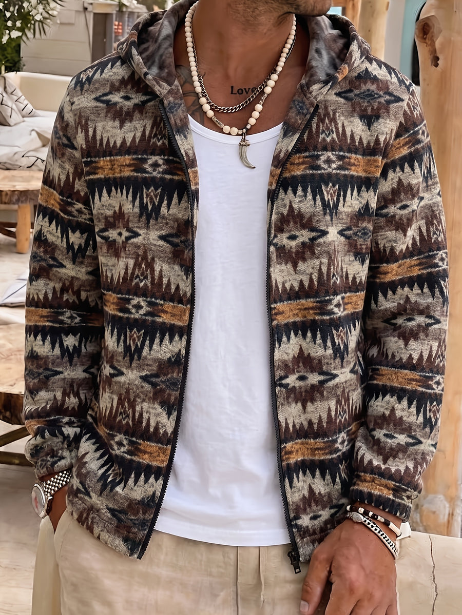Men'S New American Ethnic Style Hooded Zipper Long Sleeve Jacket, Retro Geometric Jacquard Fabric Thick And Soft, Loose Fit for All Body Types. Hood And Full Zipper Design for Easy Dressing, Suitable for Daily Commute And Outdoor Travel - Khaki