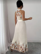 Women'S Floral Print Pleated Flared Maxi Dress with Tie Waist, Wedding Evening Party Formal Gown, Date Vacation Dress - Multicolor