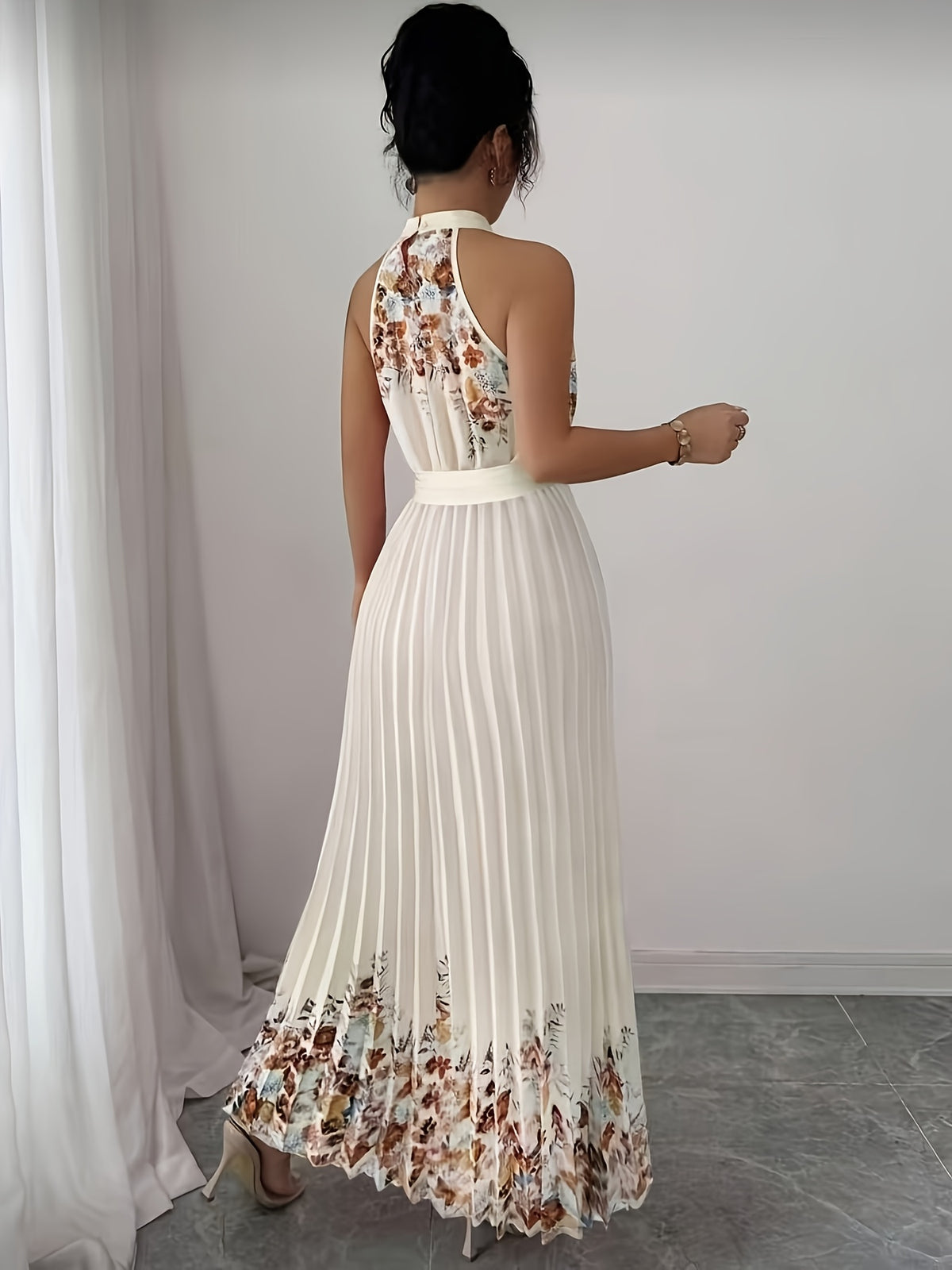 Women'S Floral Print Pleated Flared Maxi Dress with Tie Waist, Wedding Evening Party Formal Gown, Date Vacation Dress - Multicolor