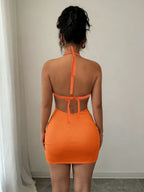 Women'S Halter Neck Hollow Out Hip Wrap Mini Dress Chest Pleated Metal Decoration Party Dress - Orange