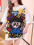 Summer New Fashion Trend Large Size Women's Slim Loose Medium Long Cartoon Short-sleeved T-shirt - White