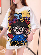 Summer New Fashion Trend Large Size Women's Slim Loose Medium Long Cartoon Short-sleeved T-shirt - White
