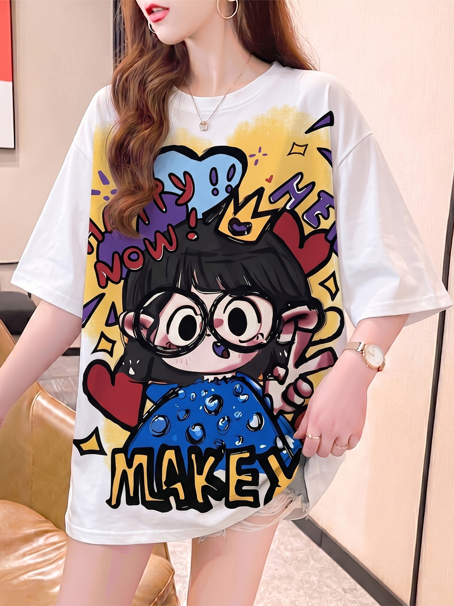 Summer New Fashion Trend Large Size Women's Slim Loose Medium Long Cartoon Short-sleeved T-shirt - White