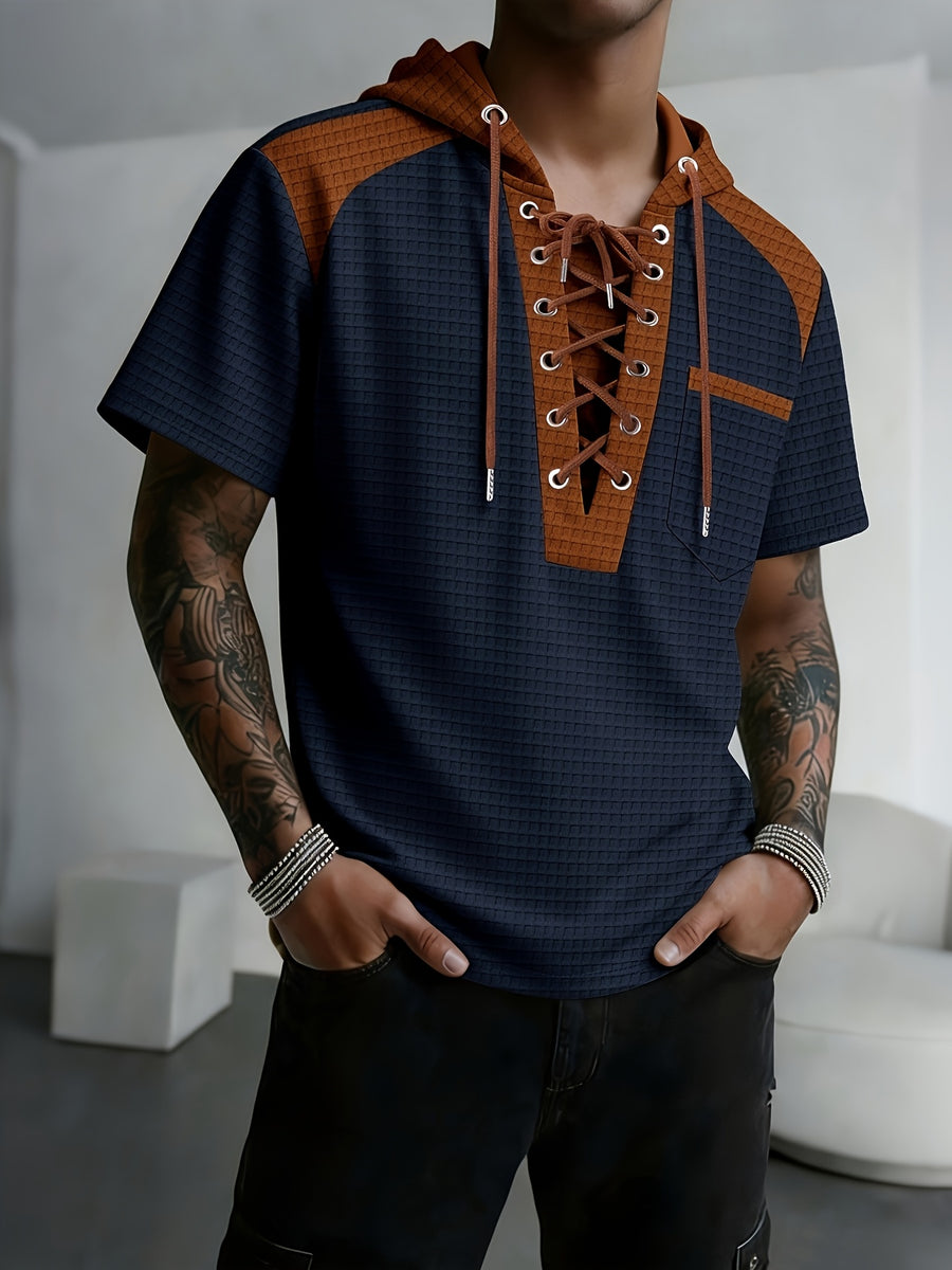 Men'S Plaid Knit Contrast Trim Hooded Sweatshirt - Short Sleeve Button-Up V-Neck Top with Chest Pocket, Vintage Street Style, for Everyday Wear - Navy Color