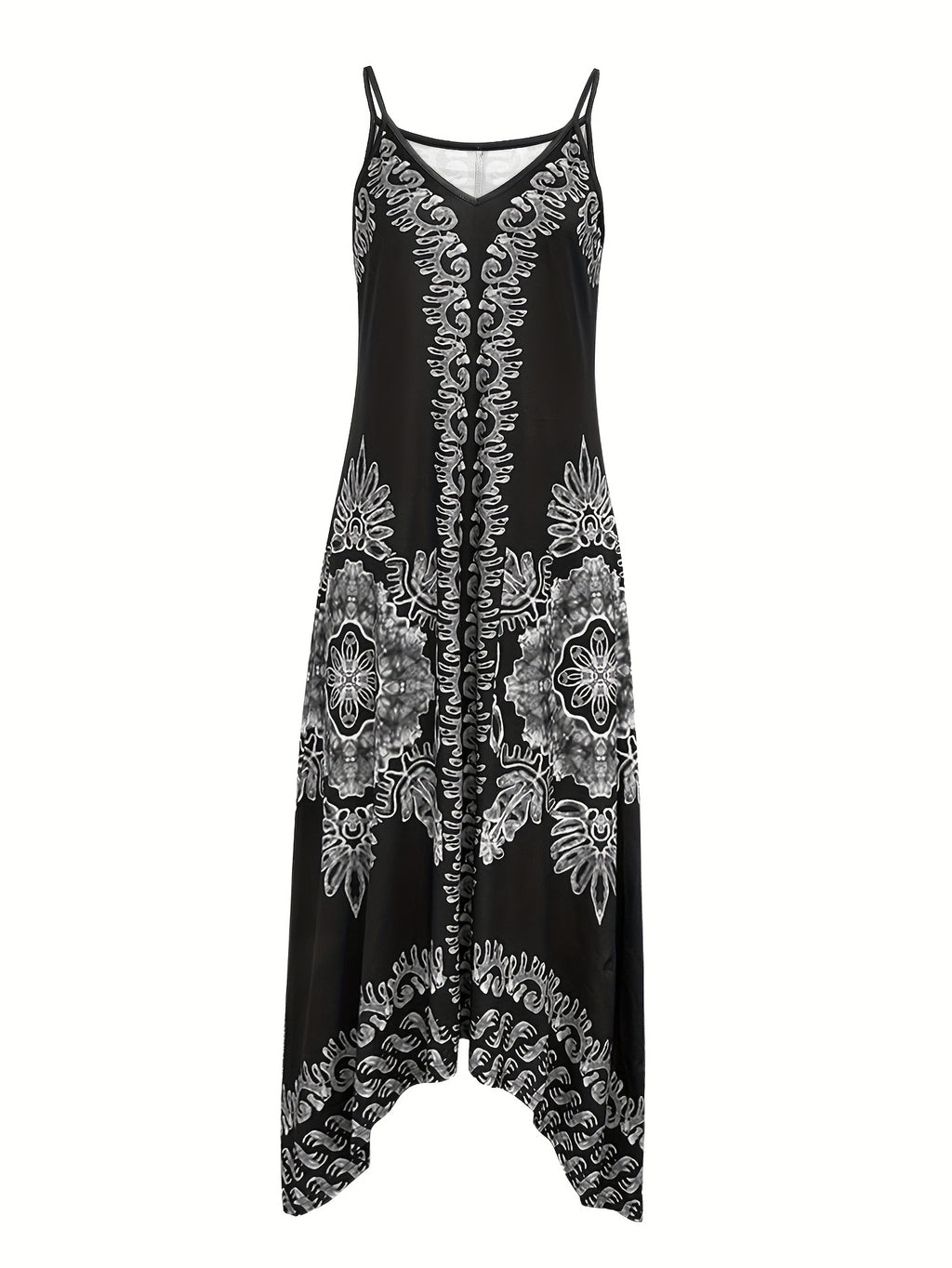 Spring/Summer Women's Ethnic Print Vintage Casual Versatile Fashion Spaghetti Suspender Dress Elegant French-Style Daily Wear - Deep Grey