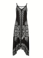 Spring/Summer Women's Ethnic Print Vintage Casual Versatile Fashion Spaghetti Suspender Dress Elegant French-Style Daily Wear - Deep Grey