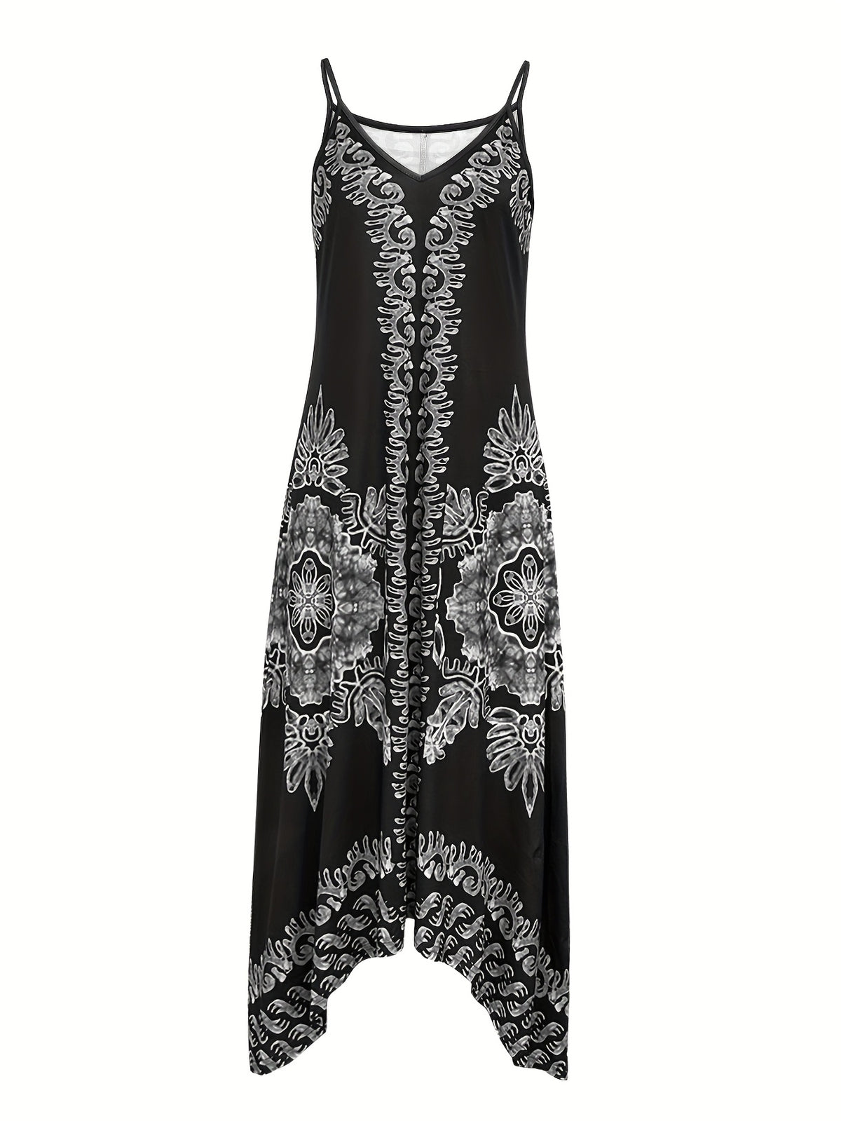Spring/Summer Women's Ethnic Print Vintage Casual Versatile Fashion Spaghetti Suspender Dress Elegant French-Style Daily Wear - Deep Grey