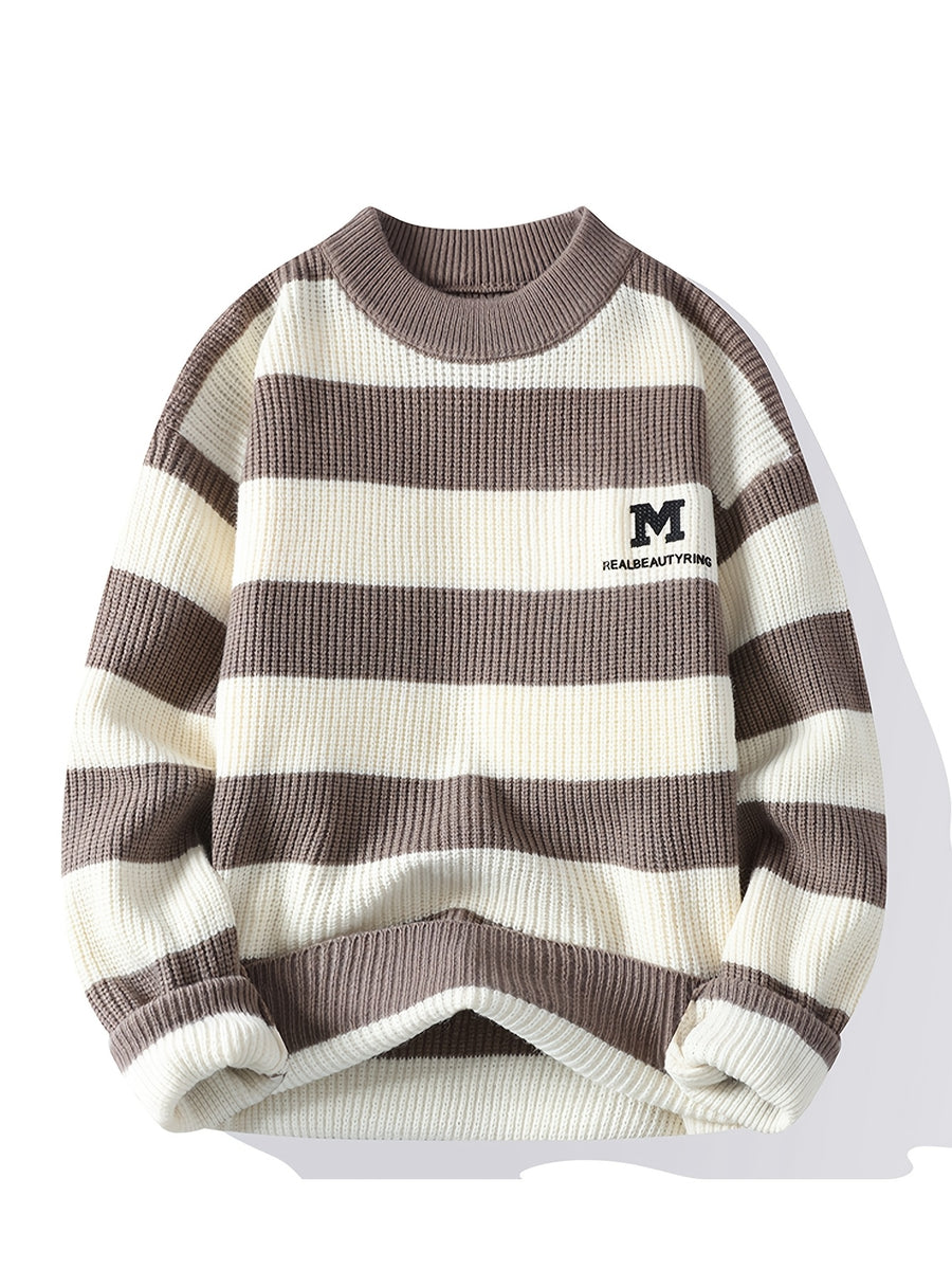 2026 Autumn And Winter Youth Men'S Round Neck Knitted Shirt Multi-Color Splicing Stripe Casual Fashion Versatile Top - Coffee Color