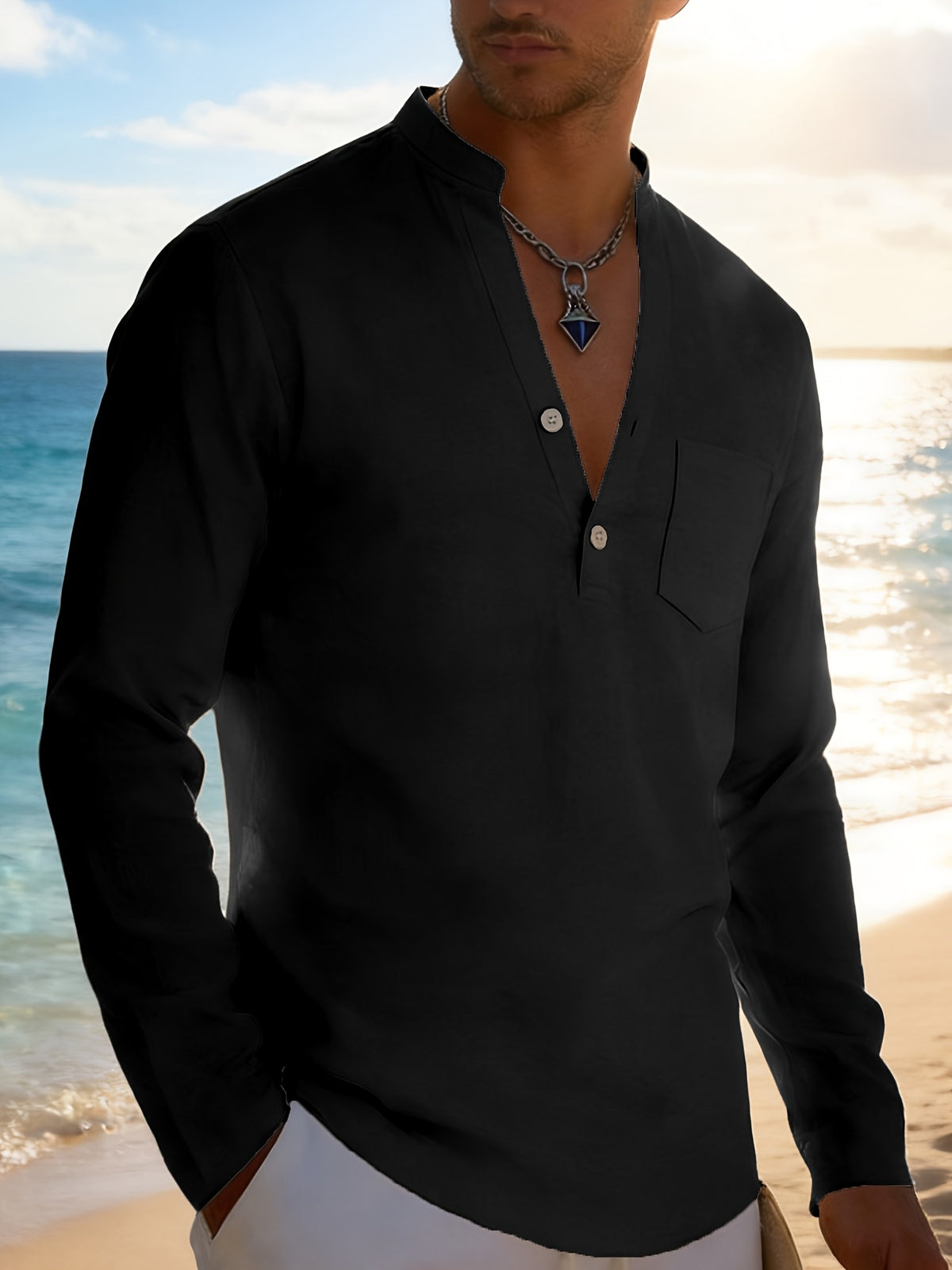 Men's Solid Color Henley Long Sleeve Shirt, Lightweight Breathable Casual Button Up Tops for Summer - Black