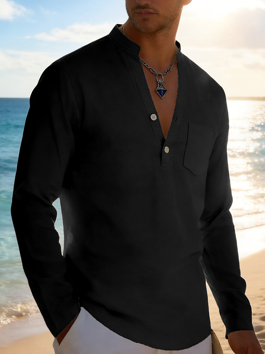 Men's Solid Color Henley Long Sleeve Shirt, Lightweight Breathable Casual Button Up Tops for Summer - Black