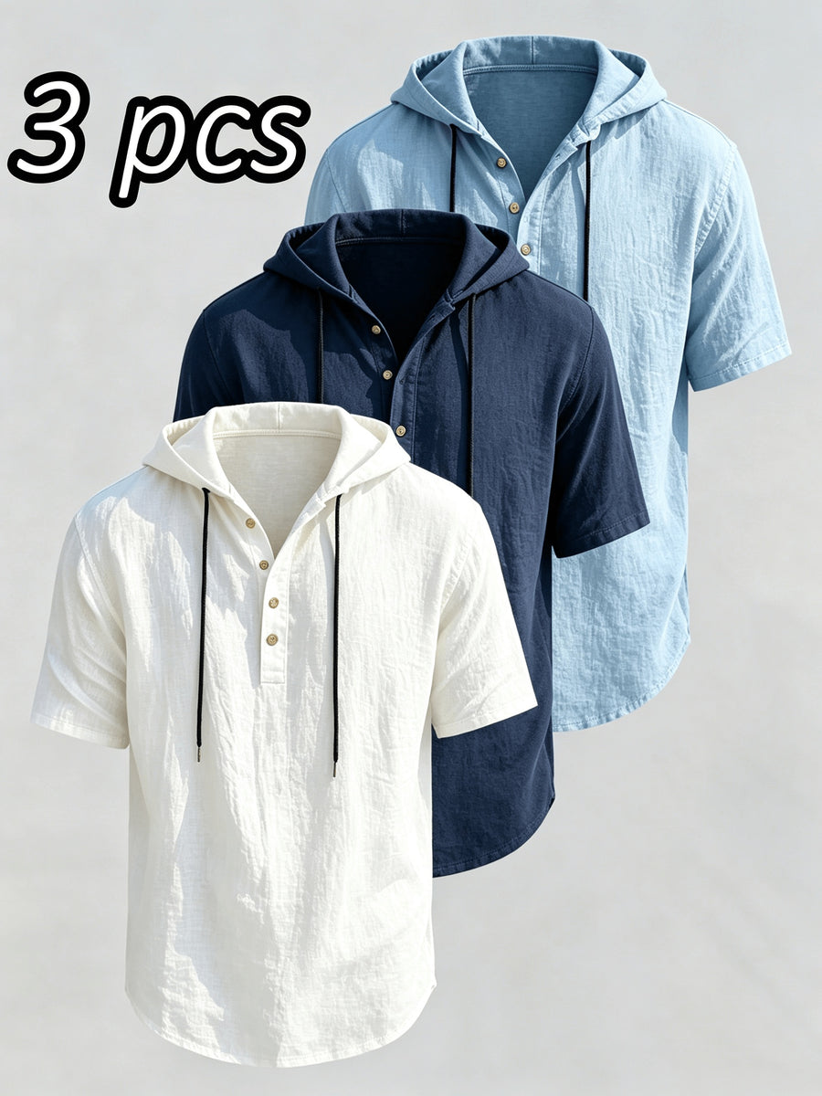 Men's 3pcs Hooded Henley Short-Sleeve Tops, Summer Lightweight Linen-Textured Half-Button Hoodie with Drawstring, Loose Fit Casual Solid Color Pullover - Navy Blue + White + Blue